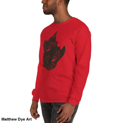 Red long sleeve shirt featuring a black cat graphic for a spooky Halloween look