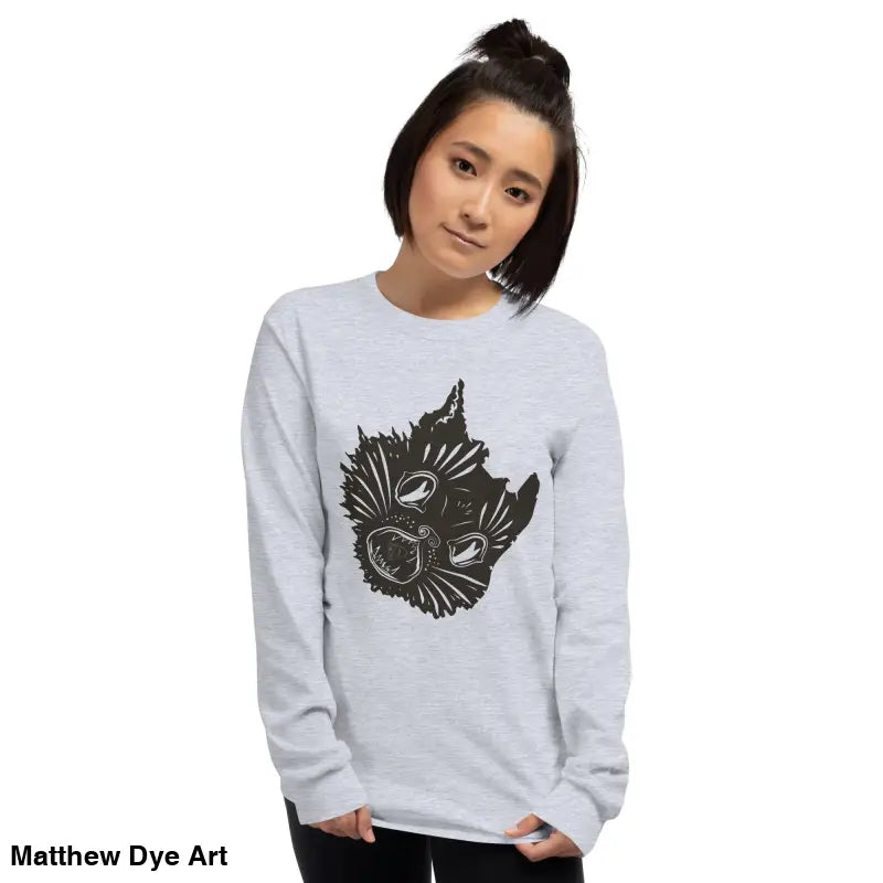 Long sleeve shirt featuring a cat graphic perfect for Halloween and spooky occasions