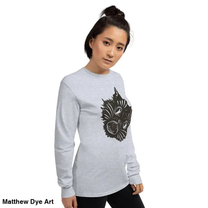 Long sleeve heather gray shirt featuring spooky cat graphic for Halloween