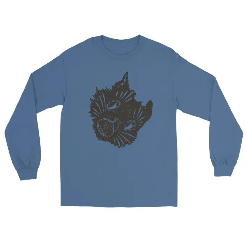 Blue long sleeve shirt featuring spooky cat graphic for Halloween style