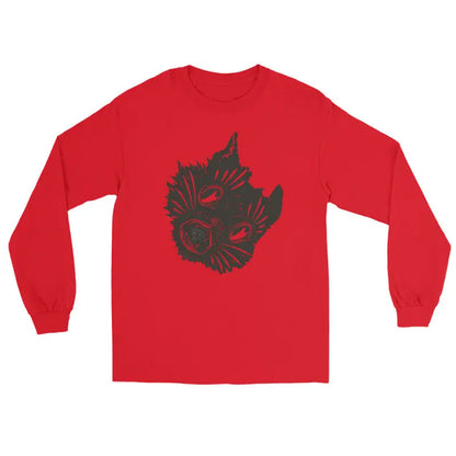 Red long sleeve shirt featuring dark abstract design, perfect for Halloween and horror fans