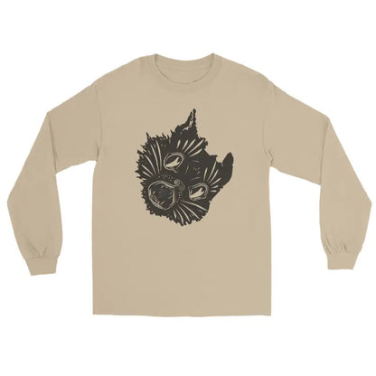 Beige long sleeve shirt featuring abstract cat face design for a spooky Halloween look