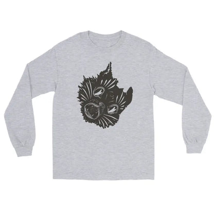 Gray long sleeve shirt with cat face graphic for a spooky Halloween look