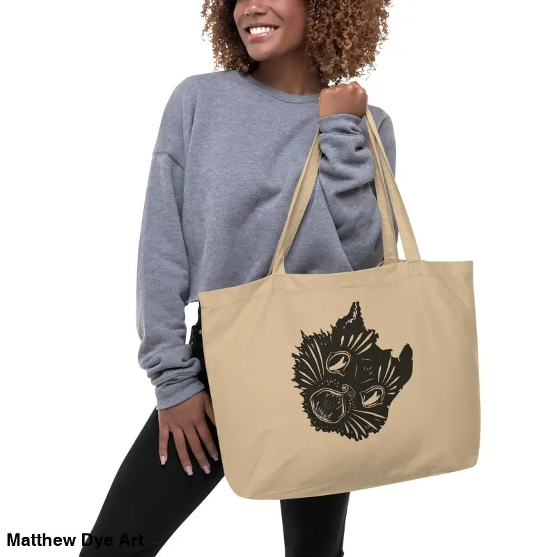 Beige tote bag featuring a black cat design, Ah Kitty Large Organic Cotton Tote for Halloween