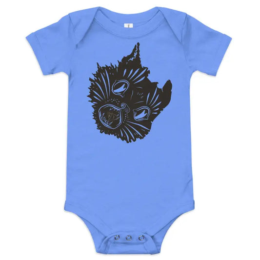 Light blue kitty head baby onesie with black cat face design for infants