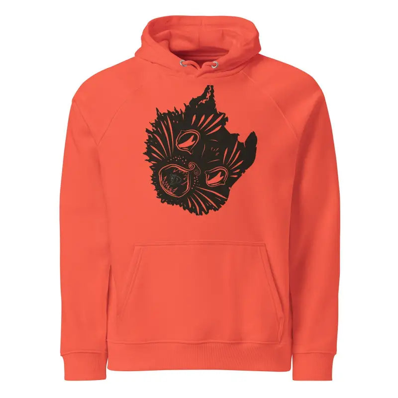 Orange eco hoodie featuring a black cat face design from Ah Kitty collection