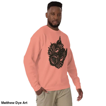 Salmon-colored premium spooky sweatshirt featuring black graphic of kitty head unisex