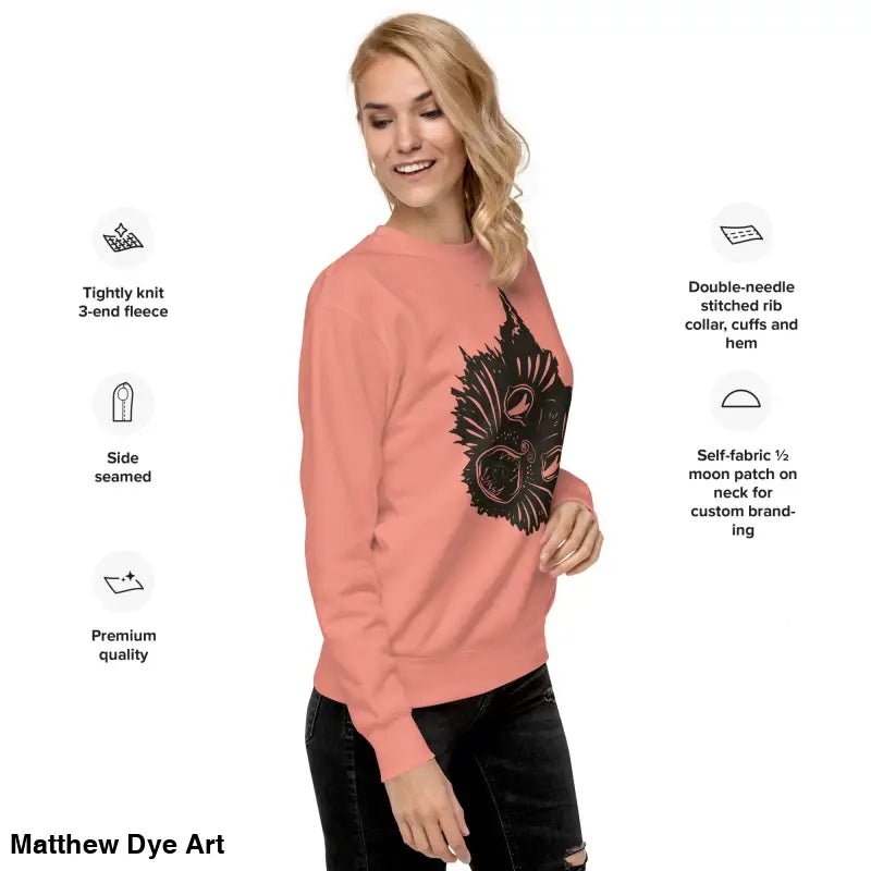 Salmon-colored premium spooky sweatshirt featuring black cat design for kitty head unisex attire