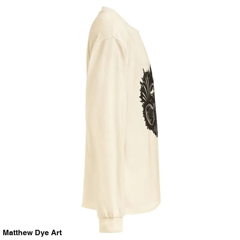 Cream-colored Ah Kitty sweatshirt featuring a black Halloween graphic design on the side