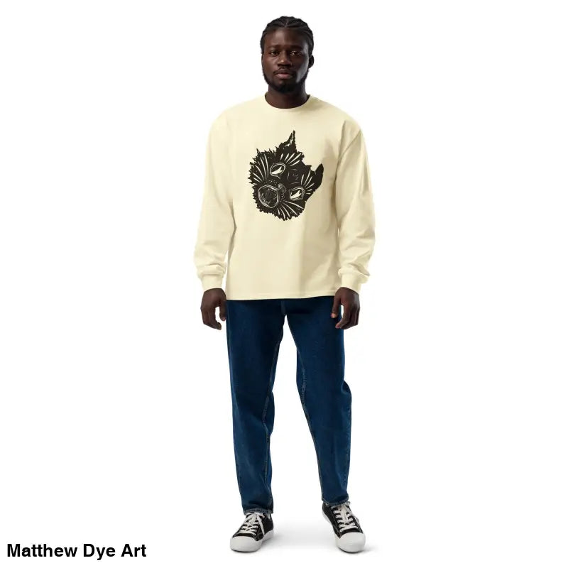 Man in cream sweatshirt featuring black cat design from Ah Kitty Halloween collection
