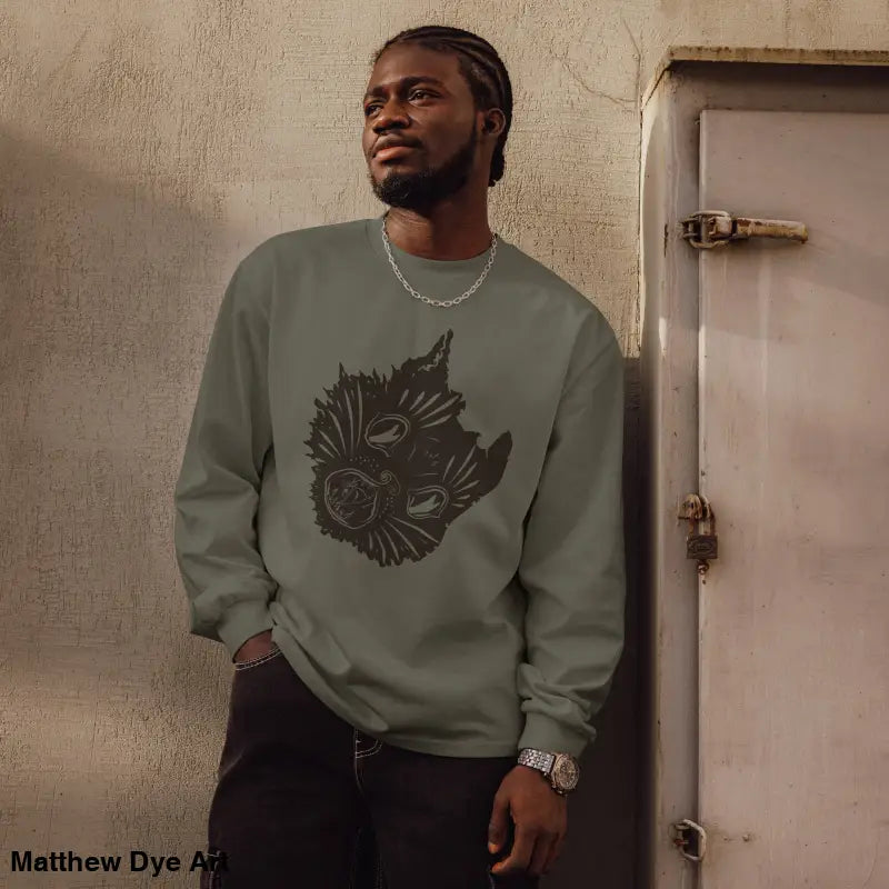 Man in long-sleeved Ah Kitty Halloween sweatshirt featuring a cat graphic