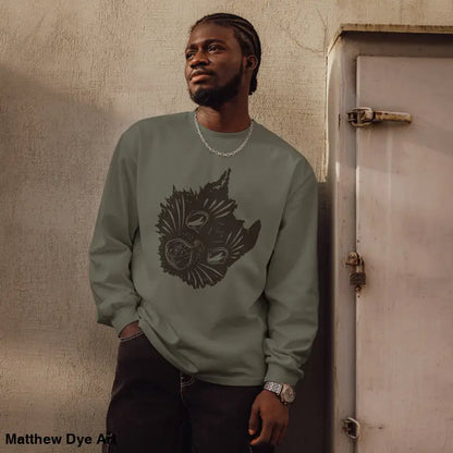 Man in long-sleeved Ah Kitty Halloween sweatshirt featuring a cat graphic