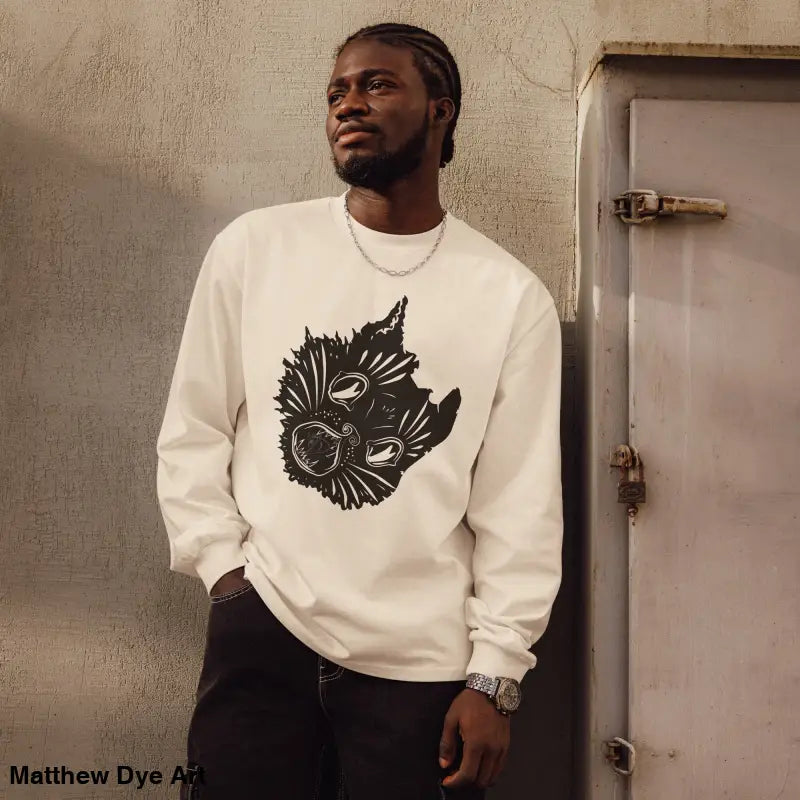 White long-sleeved Ah Kitty Halloween sweatshirt with black graphic design