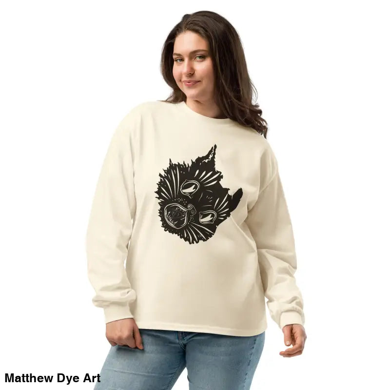 Woman in Ah Kitty Halloween sweatshirt featuring a playful cat print