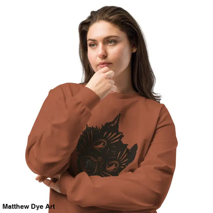 Woman showcasing Ah Kitty Halloween sweatshirt with a cat design on a long-sleeved shirt