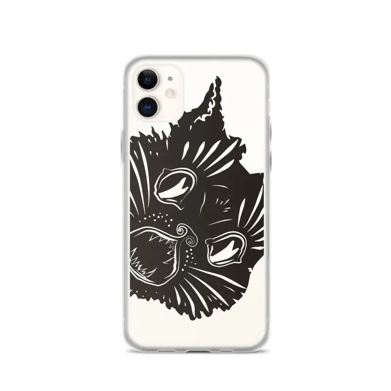 Black cat face design on clear phone case featuring surreal cat design for stylish protection