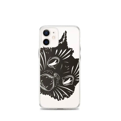 Black cat face illustration on a clear phone case featuring surreal cat design