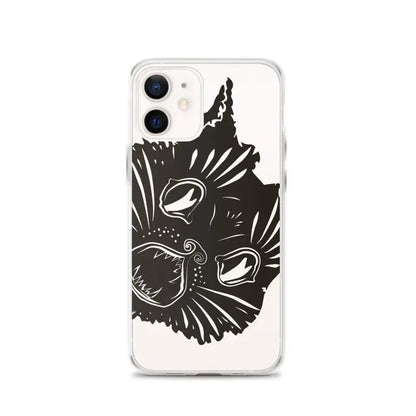 Black cat face design on a clear phone case featuring surreal cat design