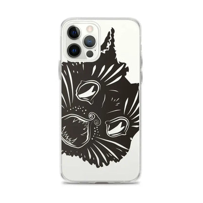 Black cat face illustration on clear phone case featuring surreal cat design