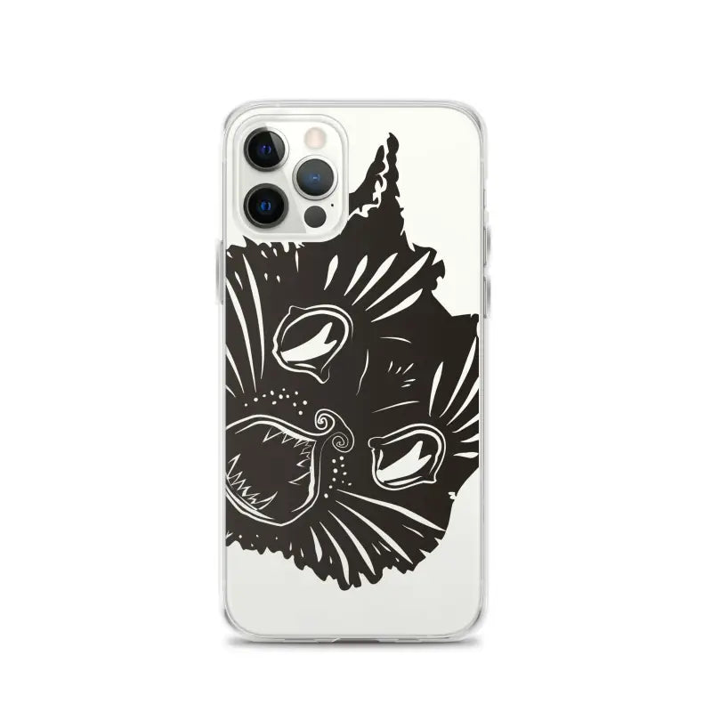 Black cat face design on a clear phone case highlighting surreal cat design features