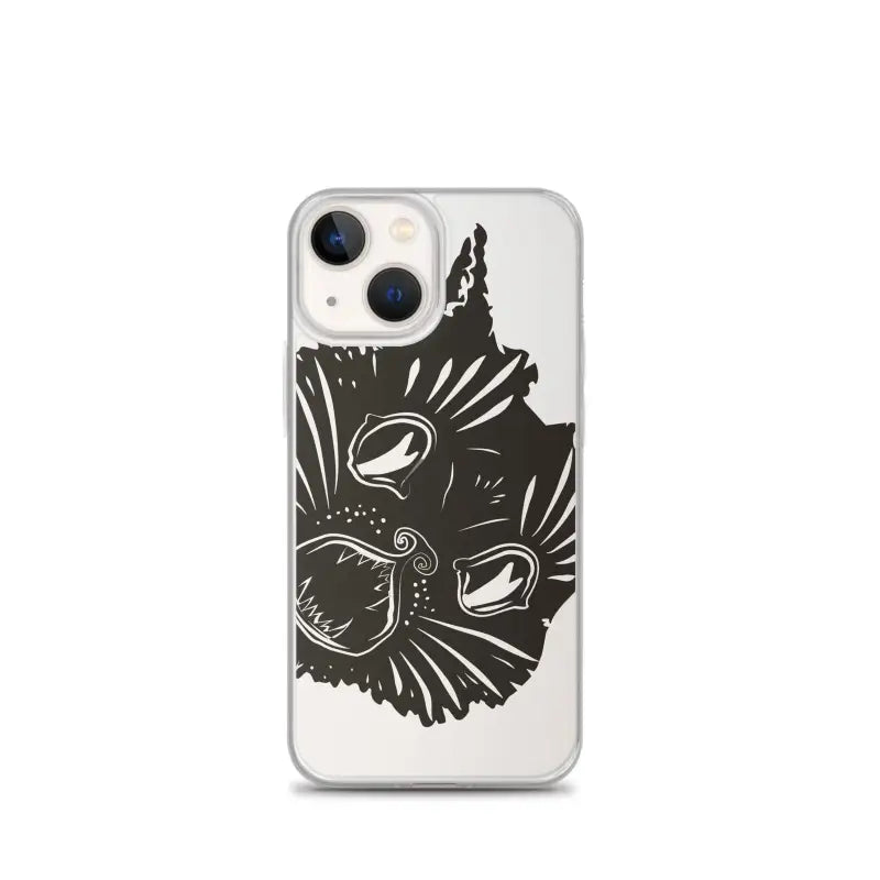 Black cat face illustration on clear phone case featuring surreal cat design