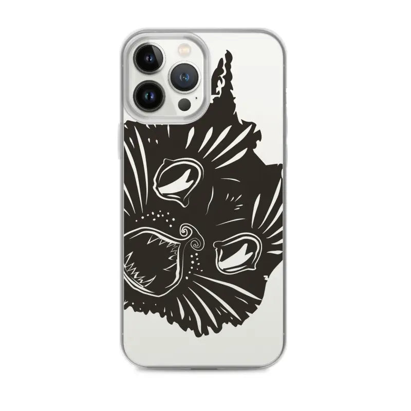 Black cat face illustration on clear phone case featuring surreal cat design