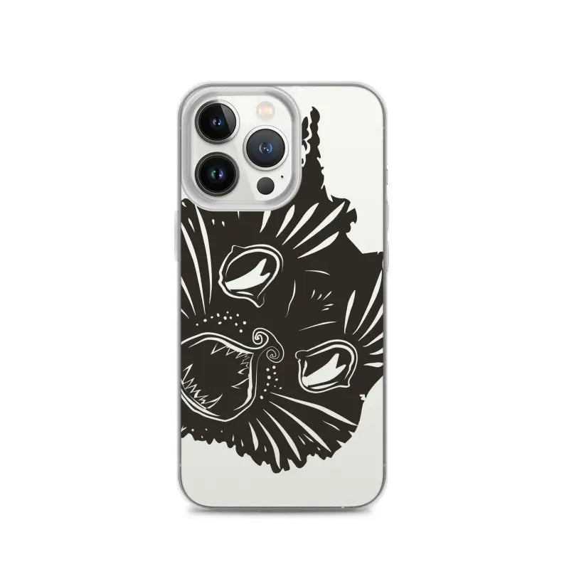 Black cat face design on a clear phone case featuring surreal cat design elegance