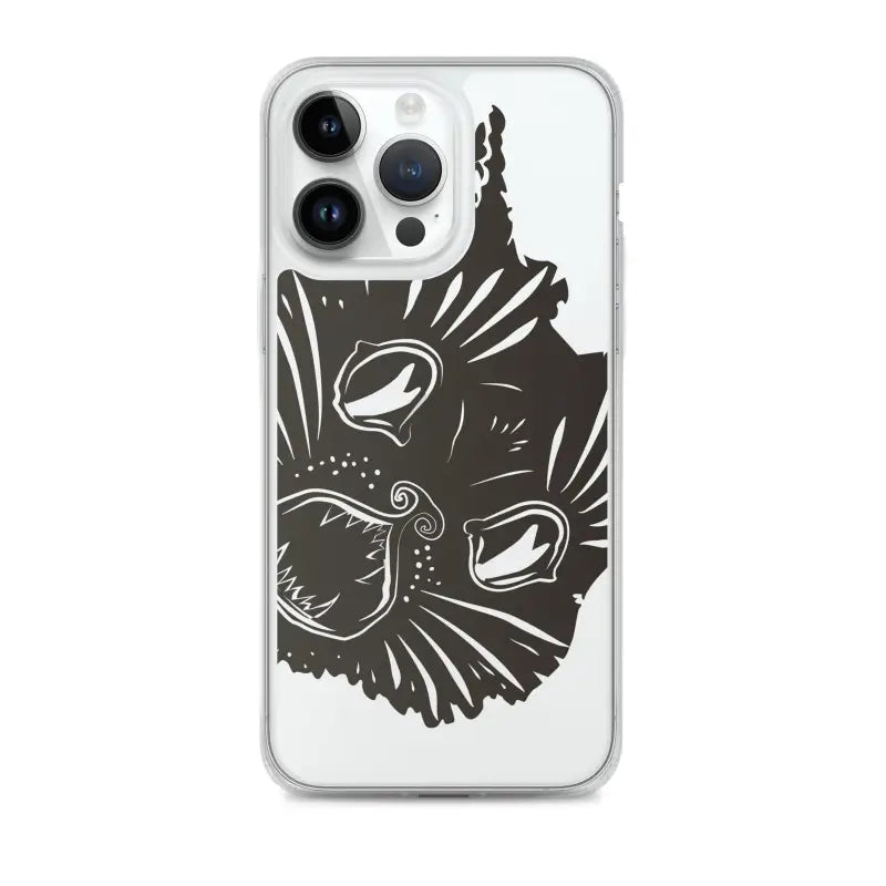 Black cat face illustration on clear phone case featuring surreal cat design elegance