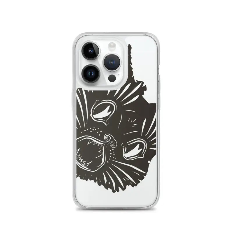 Black cat face design on a clear phone case featuring surreal cat design