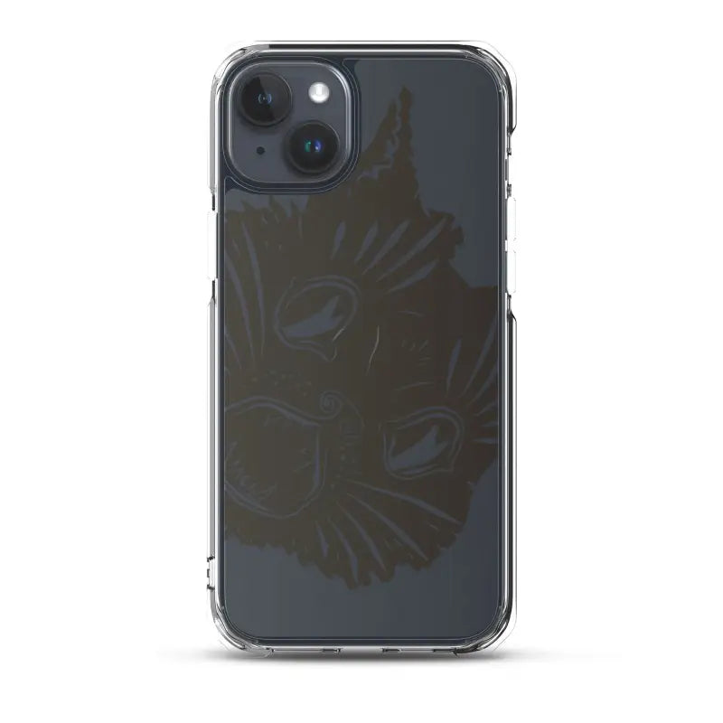 Black iPhone in a clear case featuring Surreal Cat Design and kitty head graphic