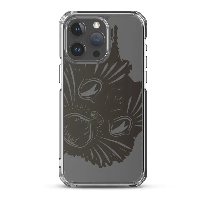 Clear iPhone 13 Pro case featuring etched eagle design and surreal cat design elements