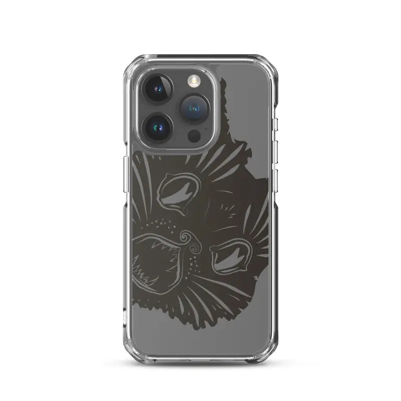 Clear phone case featuring a dark artistic bird design in surreal cat design style