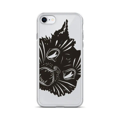 Black cat face design on clear phone case featuring surreal cat design for stylish protection