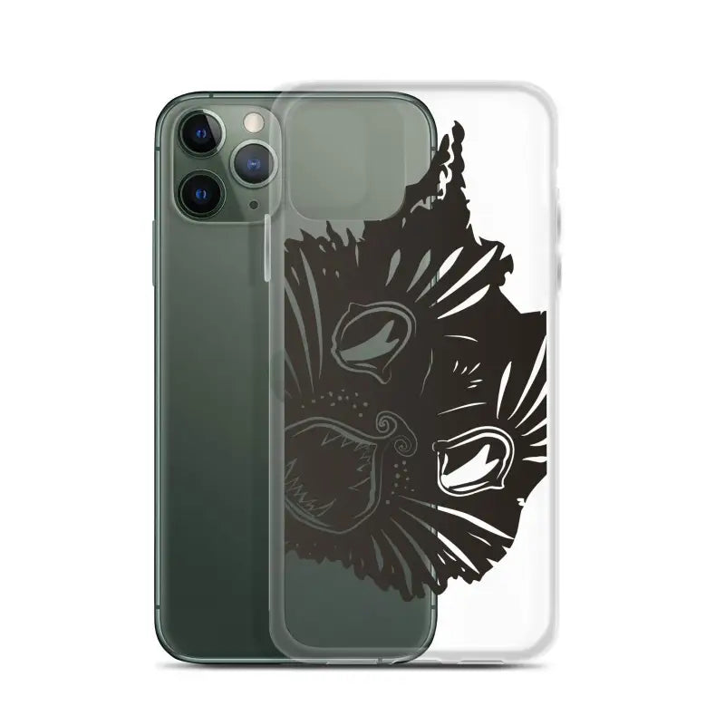 Clear phone case featuring a black tribal-style bird design and surreal cat design elements