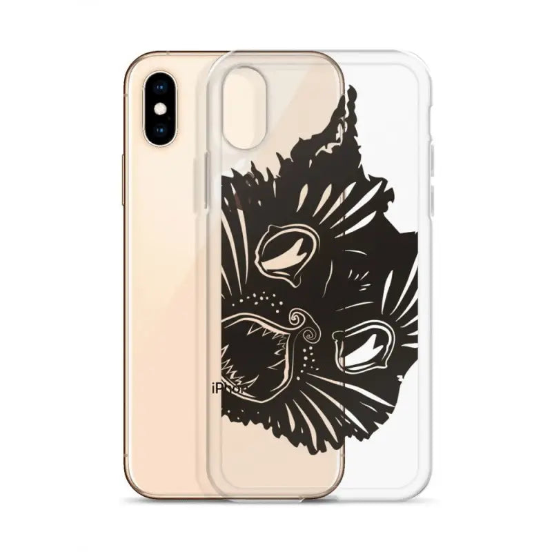 Clear phone case featuring a surreal cat design with a kitty head and decorative swirls