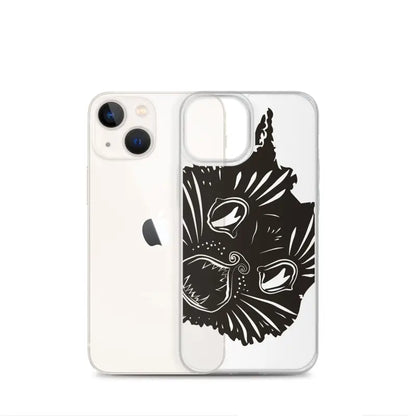 Clear phone case with surreal cat design featuring a kitty head and distinctive whiskers