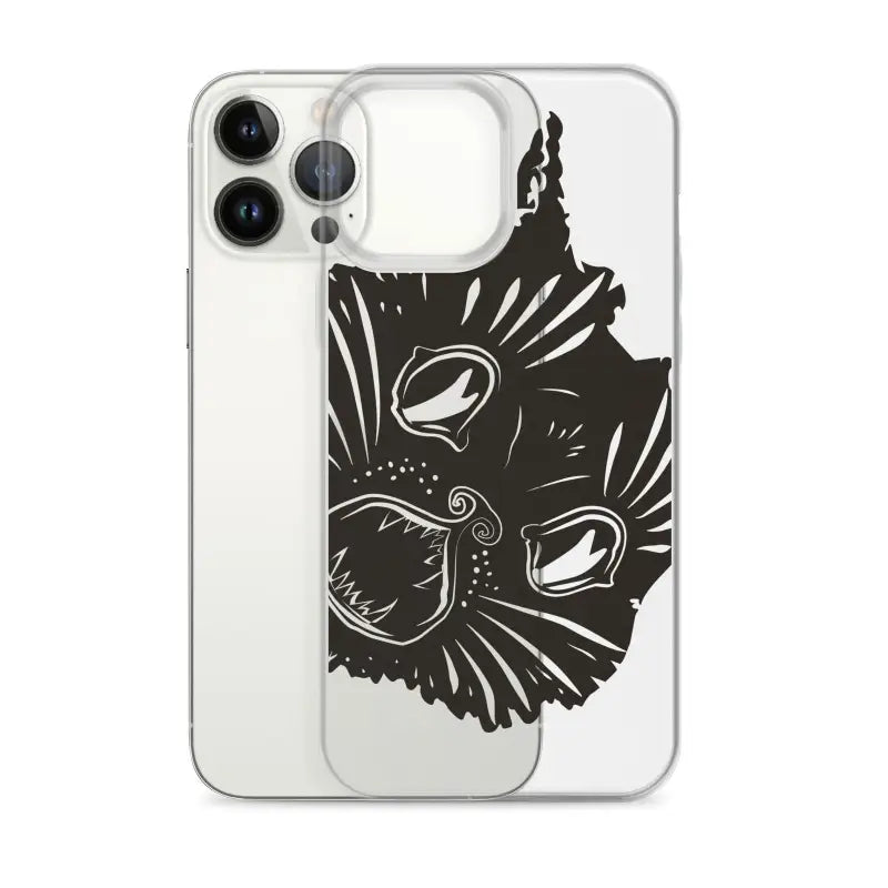 Black cat face design on clear phone case featuring surreal cat design aesthetic