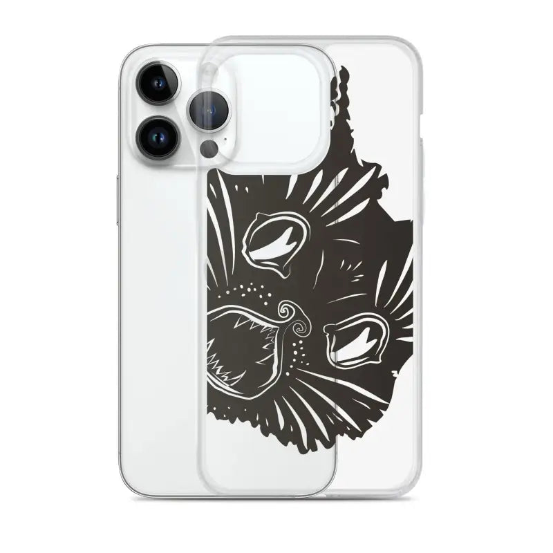 Clear iPhone case featuring a surreal cat design with a kitty head motif