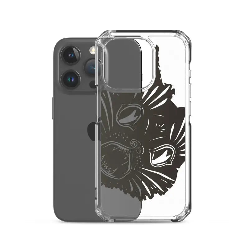 Clear phone case featuring a black artistic wolf design and surreal cat design