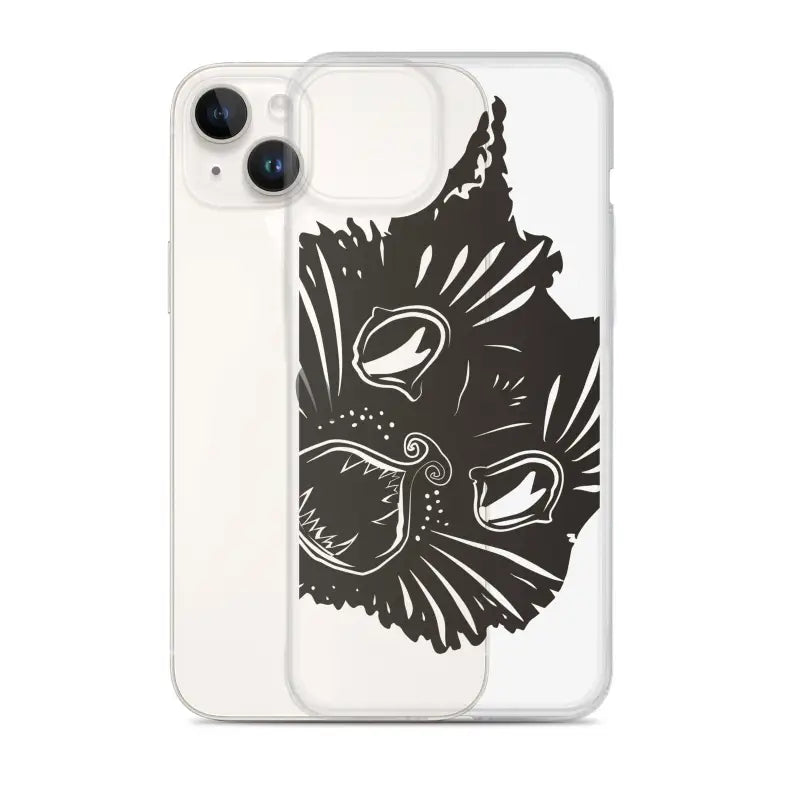 Black cat face design on a white phone case featuring surreal cat design for stylish users