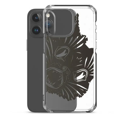 Clear phone case featuring a striking black wolf head in Surreal Cat Design