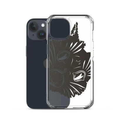 Clear phone case featuring a surreal cat design with a black kitty head