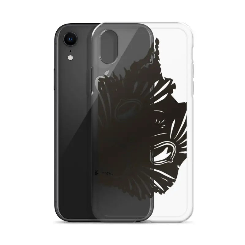 Clear phone case featuring black wing design and Surreal Cat Design with kitty head