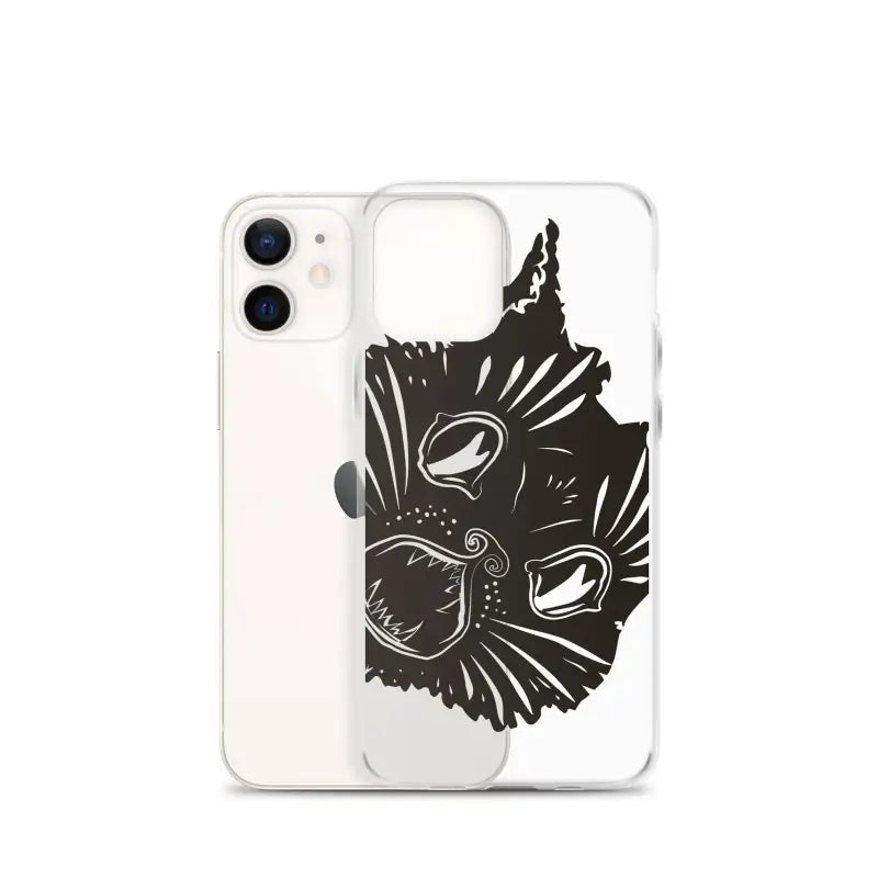 Black cat face illustration on clear phone case featuring surreal cat design