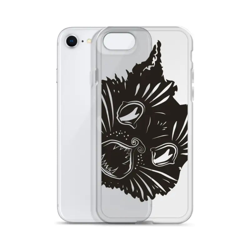 Clear phone case featuring a surreal cat design with a kitty head and striking eyes