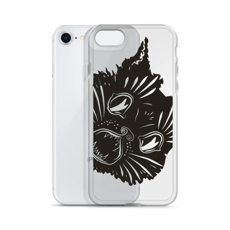 Clear phone case featuring a surreal cat design with a prominent kitty head and whiskers