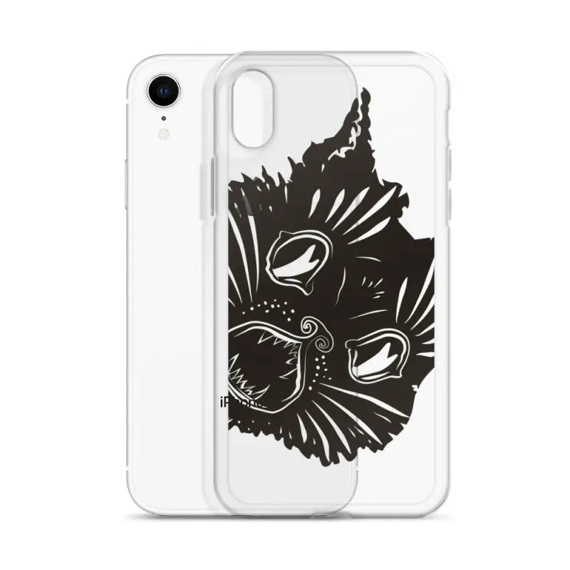 Clear phone case showcasing a surreal cat design featuring a kitty head with prominent eyes