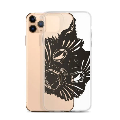 Black cat face illustration on iPhone case showcasing surreal cat design elegance