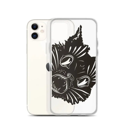 Black cat face illustration on a clear phone case featuring surreal cat design