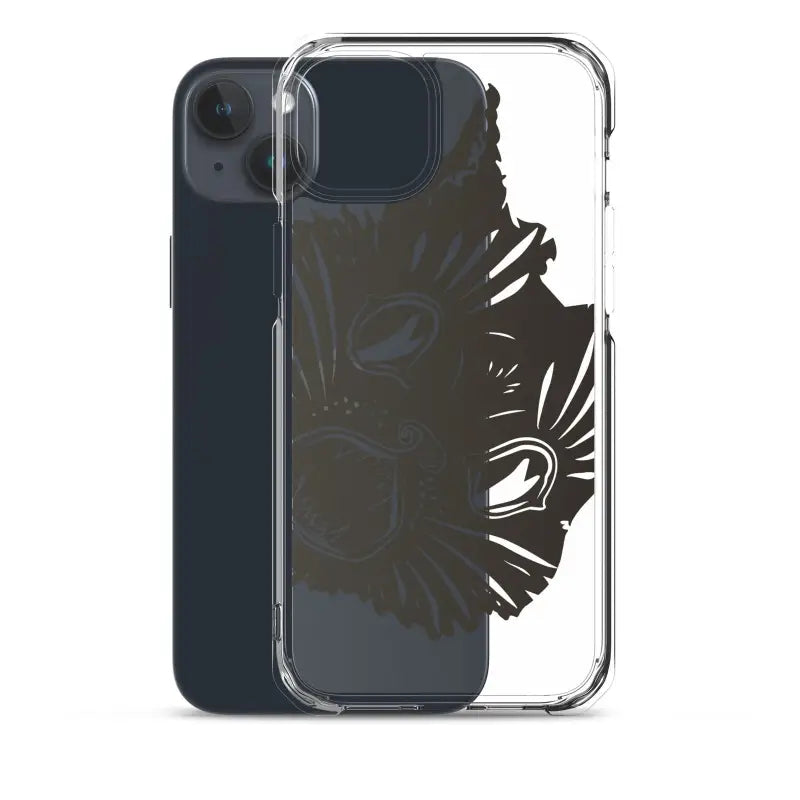 Clear protective phone case featuring a surreal cat design with partial black graphic